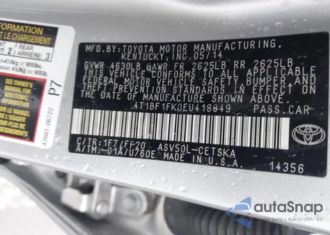 2014 Toyota Camry Se z USA, uszkodzony, nr VIN 4T1BF1FK0EU418849